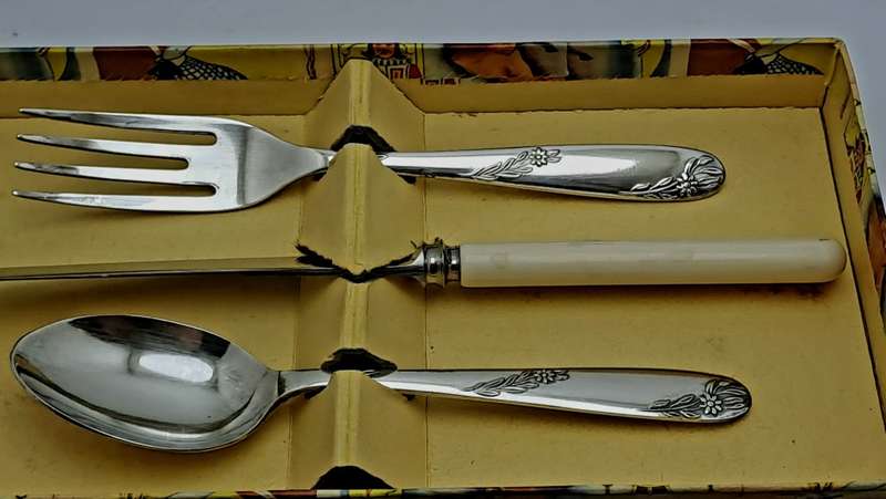 3pc Vintage Angora Silver Plate EPNS Childrens Cutlery set-Sheffield England.Boxed
