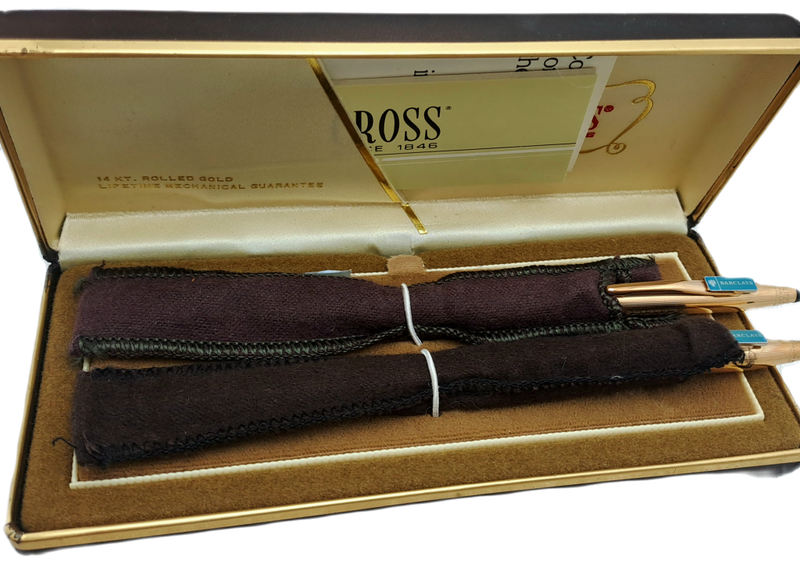 Vintage Cross 1/20 14kt Rolled Gold Pen and Pencil set -In Case - Barclays Branded