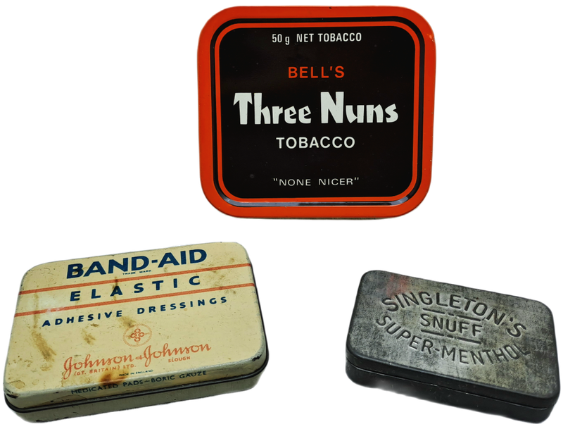 3 x Vintage Tins - Bell`s 3 Nuns Tabacco-Singleton`s Snuff-Johnson&Johnson Band aid