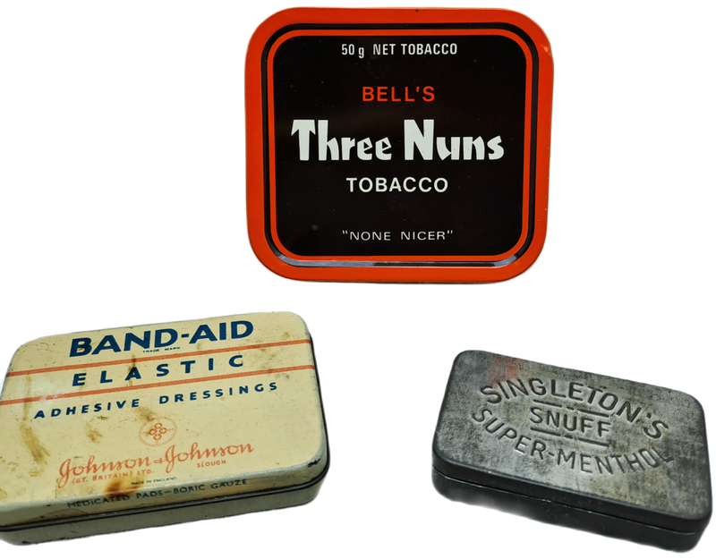 3 x Vintage Tins - Bell`s 3 Nuns Tabacco-Singleton`s Snuff-Johnson&Johnson Band aid