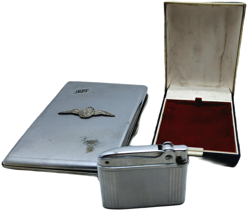 Vintage Cigarette Case with WW2 SAAF Badge and a Ronson Adonis Lighter