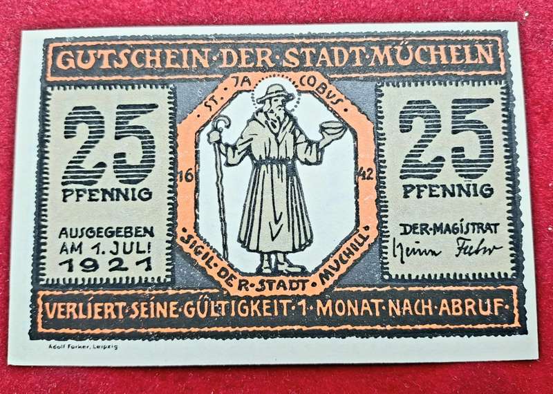 Germany 1921 NotGeld-25 Pfennig 1921-Gutschein der Stadt Mucheln -UNC