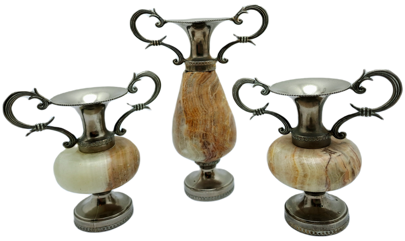 3 Antique Marble and Silver plated Bud Vases