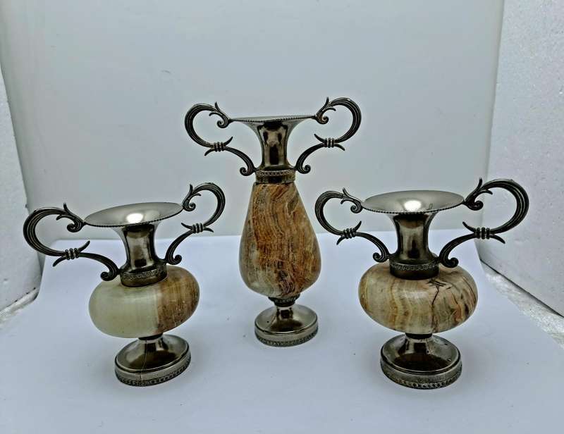 3 Antique Marble and Silver plated Bud Vases