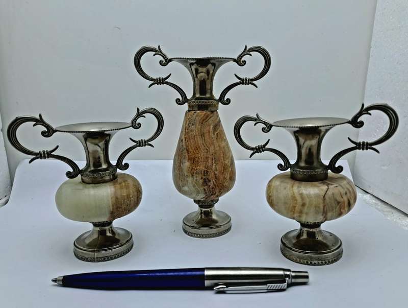 3 Antique Marble and Silver plated Bud Vases