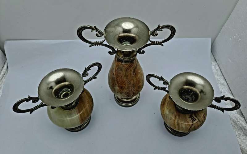 3 Antique Marble and Silver plated Bud Vases