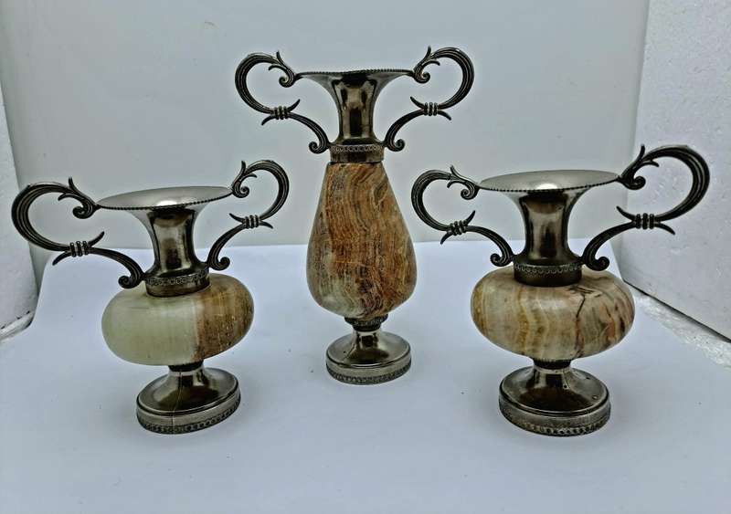 3 Antique Marble and Silver plated Bud Vases