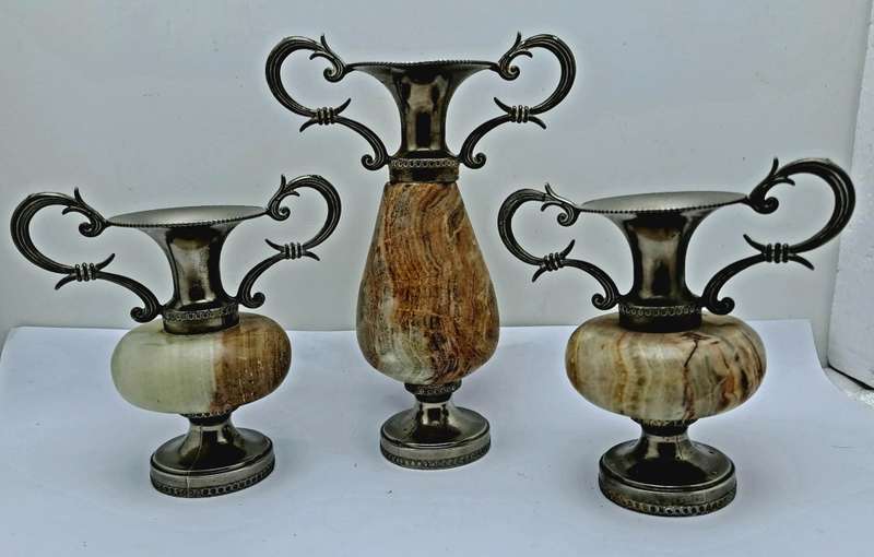 3 Antique Marble and Silver plated Bud Vases