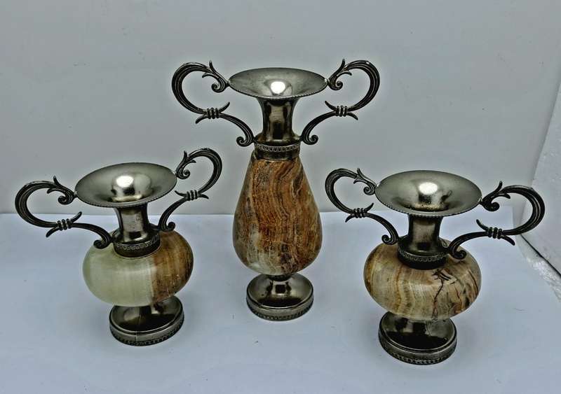 3 Antique Marble and Silver plated Bud Vases