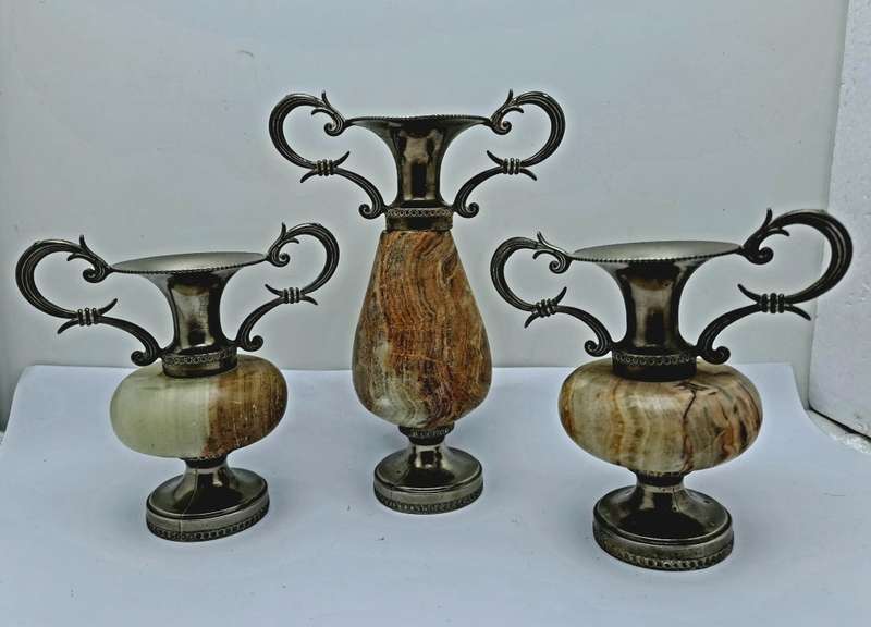 3 Antique Marble and Silver plated Bud Vases