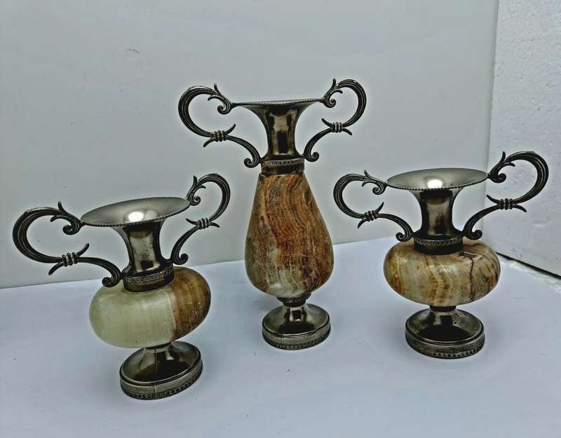 3 Antique Marble and Silver plated Bud Vases