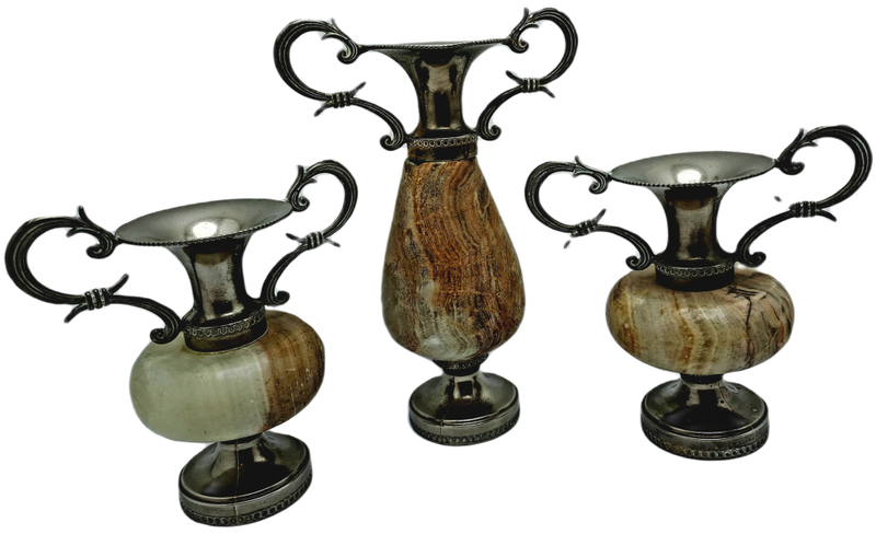 3 Antique Marble and Silver plated Bud Vases