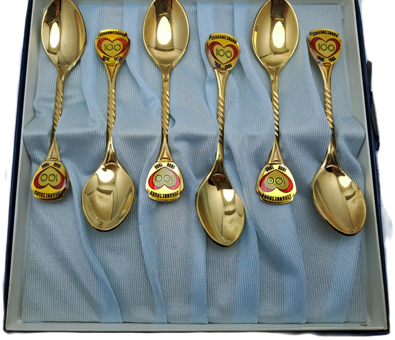 6 Vintage Gold Plated Tea Spoons - Johannesburg 1886-1986 Centenary -Boxed -Unused