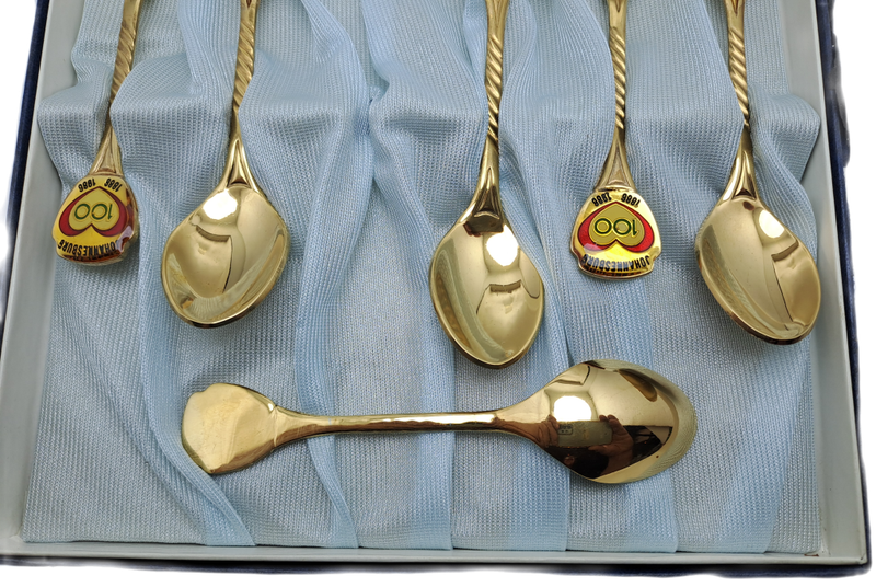6 Vintage Gold Plated Tea Spoons - Johannesburg 1886-1986 Centenary -Boxed -Unused