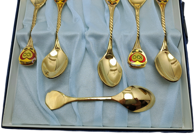 6 Vintage Gold Plated Tea Spoons - Johannesburg 1886-1986 Centenary -Boxed -Unused