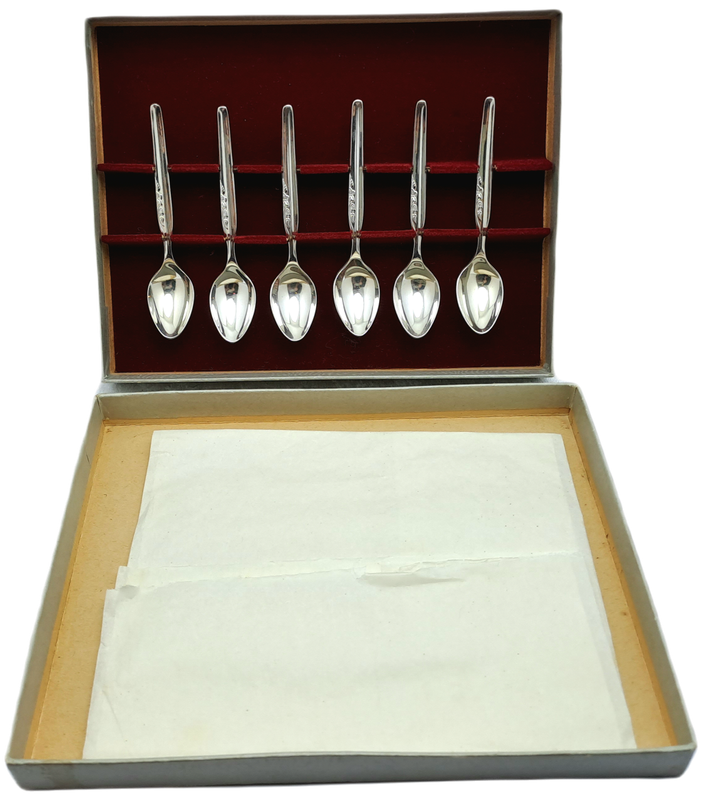 6 Vintage 1950`s RODD E.P.N.S A1 Silver Rhapsody Plated Tea spoons -Boxed-Unused