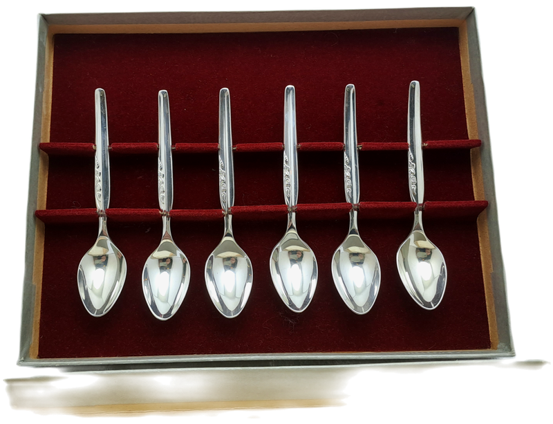 6 Vintage 1950`s RODD E.P.N.S A1 Silver Rhapsody Plated Tea spoons -Boxed-Unused