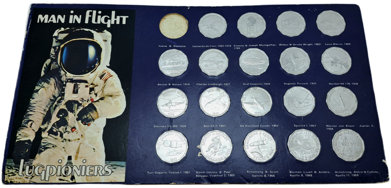 1970 Shell Commemorating Man In Flight Collection  15 of 16 Coins tokens on Card (No 1 missing)