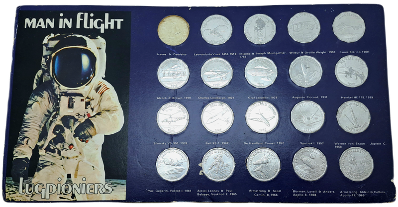 1970 Shell Commemorating Man In Flight Collection  15 of 16 Coins tokens on Card (No 1 missing)