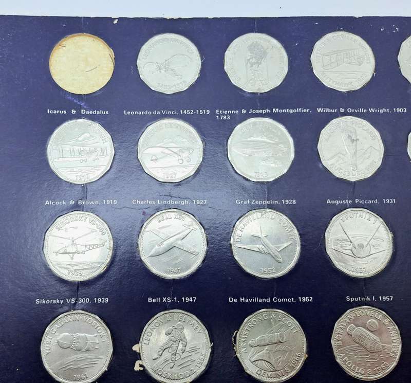 1970 Shell Commemorating Man In Flight Collection  15 of 16 Coins tokens on Card (No 1 missing)