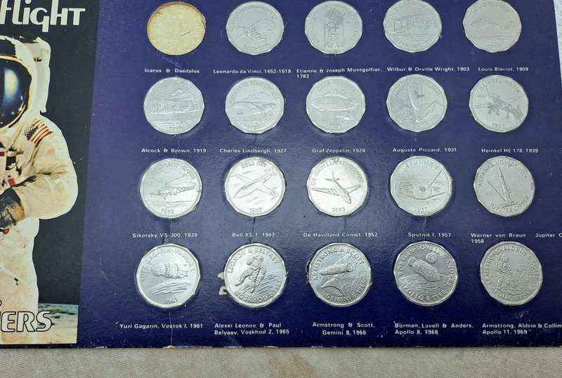 1970 Shell Commemorating Man In Flight Collection  15 of 16 Coins tokens on Card (No 1 missing)