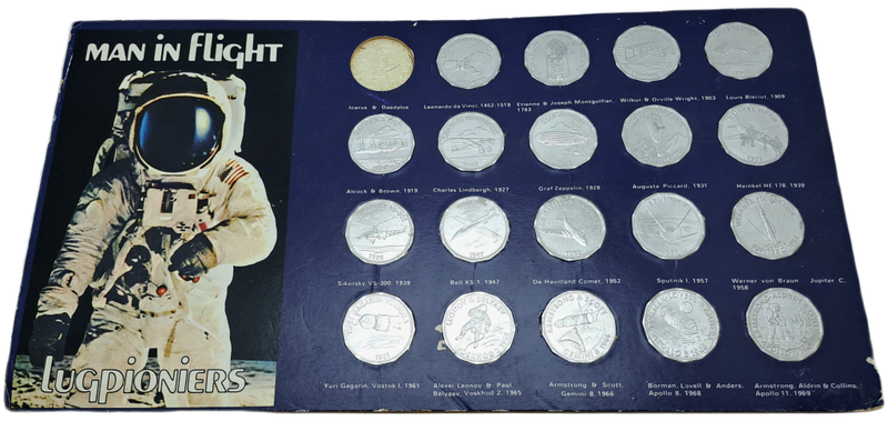 1970 Shell Commemorating Man In Flight Collection  15 of 16 Coins tokens on Card (No 1 missing)