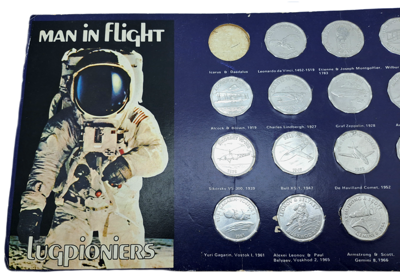 1970 Shell Commemorating Man In Flight Collection  15 of 16 Coins tokens on Card (No 1 missing)