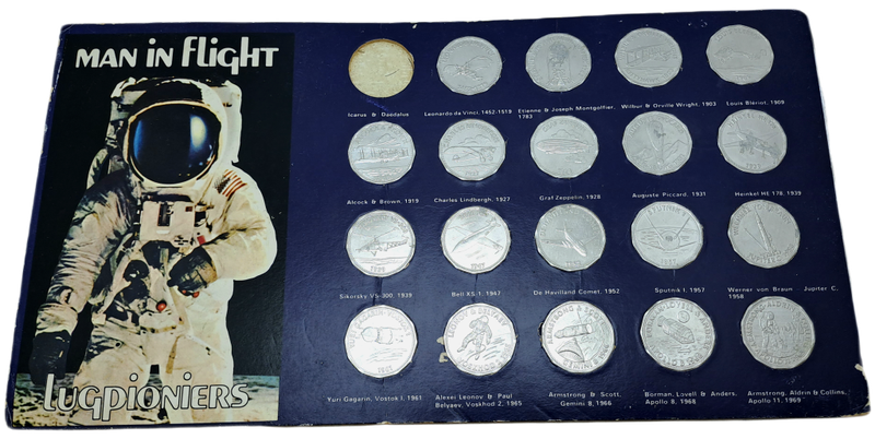 1970 Shell Commemorating Man In Flight Collection  15 of 16 Coins tokens on Card (No 1 missing)