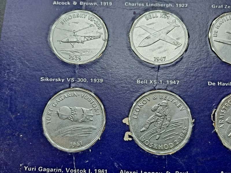 1970 Shell Commemorating Man In Flight Collection  15 of 16 Coins tokens on Card (No 1 missing)