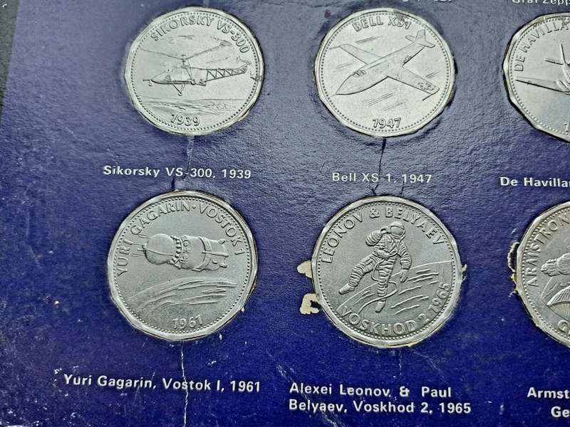 1970 Shell Commemorating Man In Flight Collection  15 of 16 Coins tokens on Card (No 1 missing)