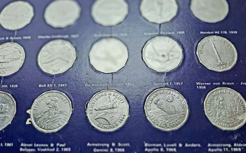 1970 Shell Commemorating Man In Flight Collection  15 of 16 Coins tokens on Card (No 1 missing)
