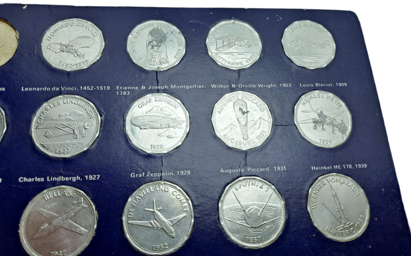 1970 Shell Commemorating Man In Flight Collection  15 of 16 Coins tokens on Card (No 1 missing)
