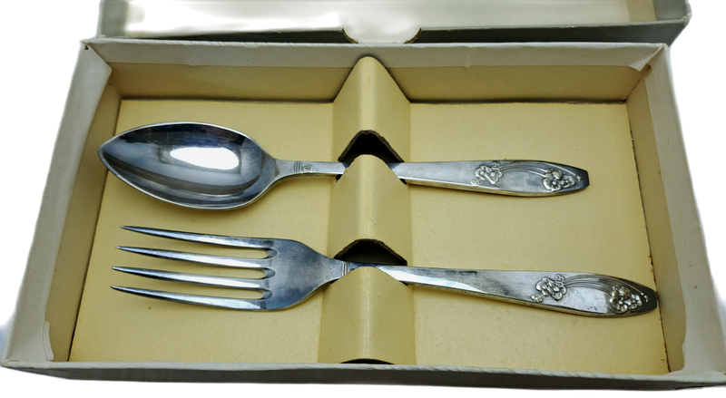 Vintage Reg.Design Priestley & Moore Sheffield England EPNS A1 Kiddies Cutlery Fork and spoon -boxed
