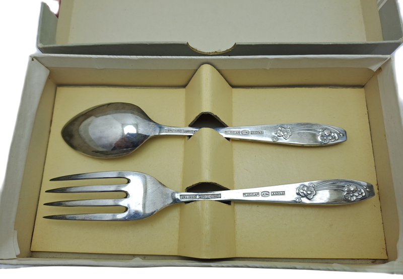 Vintage Reg.Design Priestley & Moore Sheffield England EPNS A1 Kiddies Cutlery Fork and spoon -boxed
