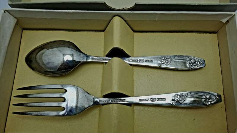 Vintage Reg.Design Priestley & Moore Sheffield England EPNS A1 Kiddies Cutlery Fork and spoon -boxed