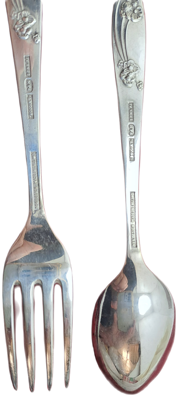 Vintage Reg.Design Priestley & Moore Sheffield England EPNS A1 Kiddies Cutlery Fork and spoon -boxed