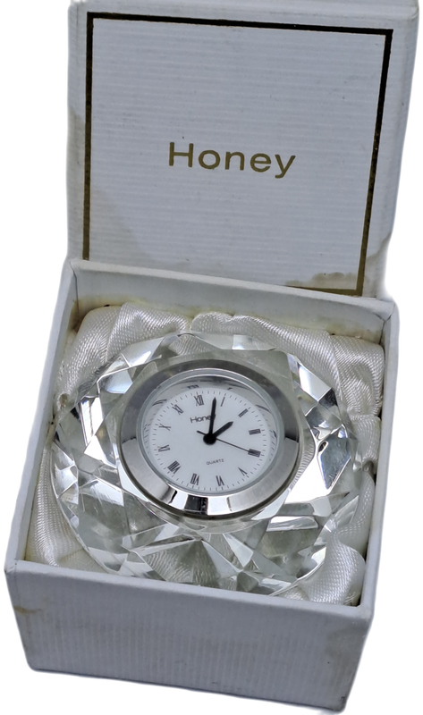 Chrystal HONEY Diamond Table Quartz Clock.Working -Boxed