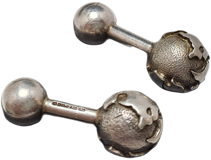a Pair of Vintage Sterling SILVER (tested) Globe -Barbell Cufflinks by Tiffany & Co -boxed