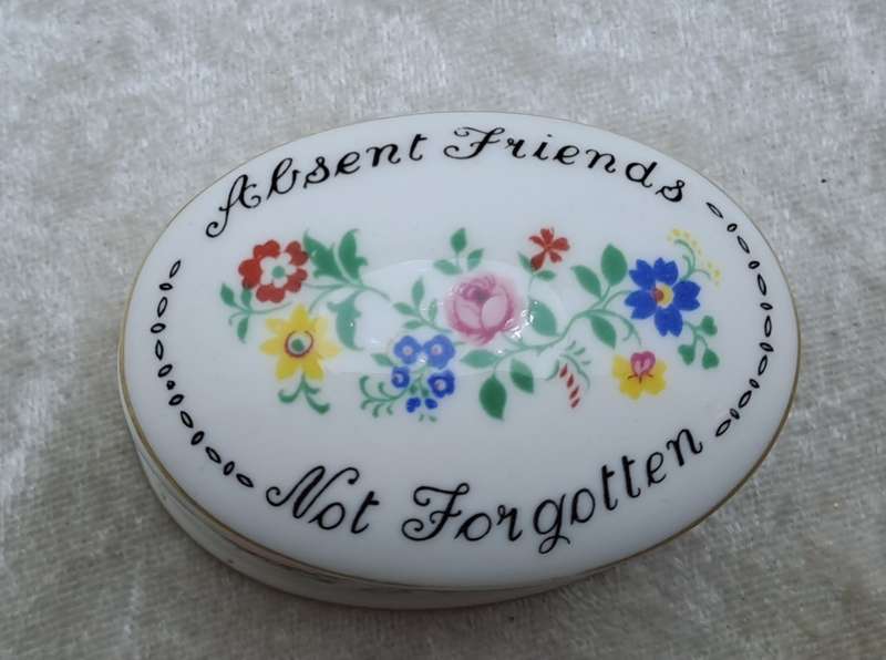 Small Vintage Crown Fine Bone China Not Forgotten Trinket Box with Lid Staffordshire England.