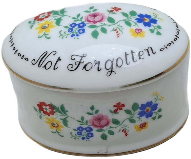 Small Vintage Crown Fine Bone China Not Forgotten Trinket Box with Lid Staffordshire England.