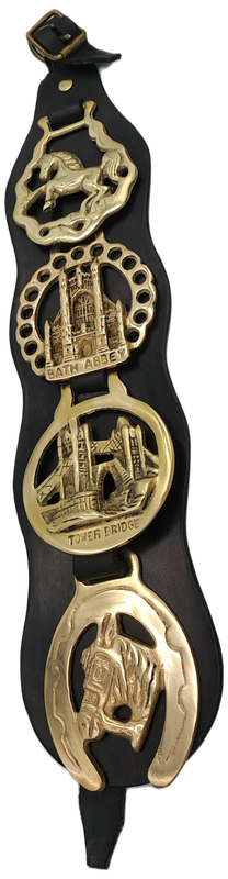 4 Horse Brasses on leather Strap - Tower Bridge ,Bath Abbey,