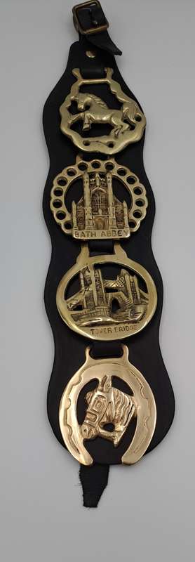 4 Horse Brasses on leather Strap - Tower Bridge ,Bath Abbey,