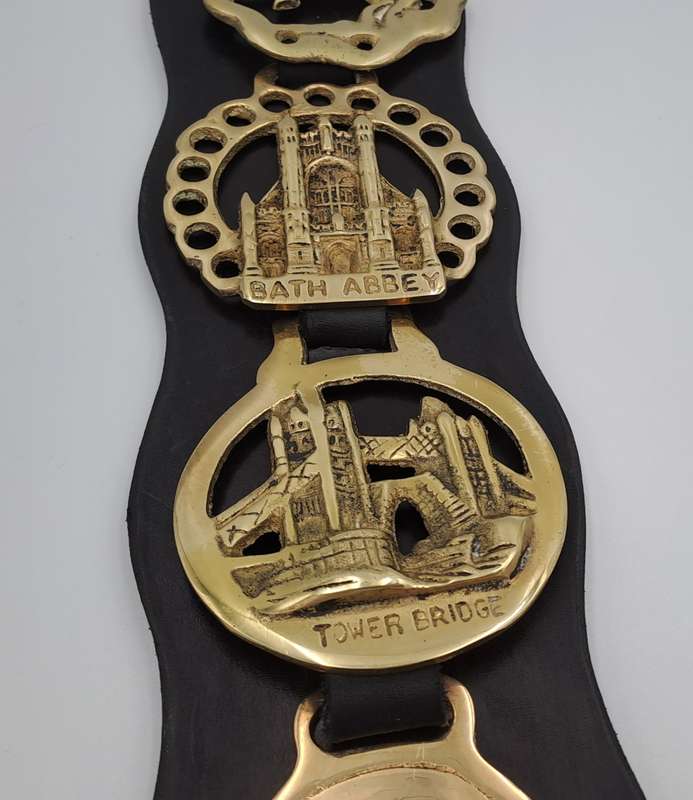 4 Horse Brasses on leather Strap - Tower Bridge ,Bath Abbey,