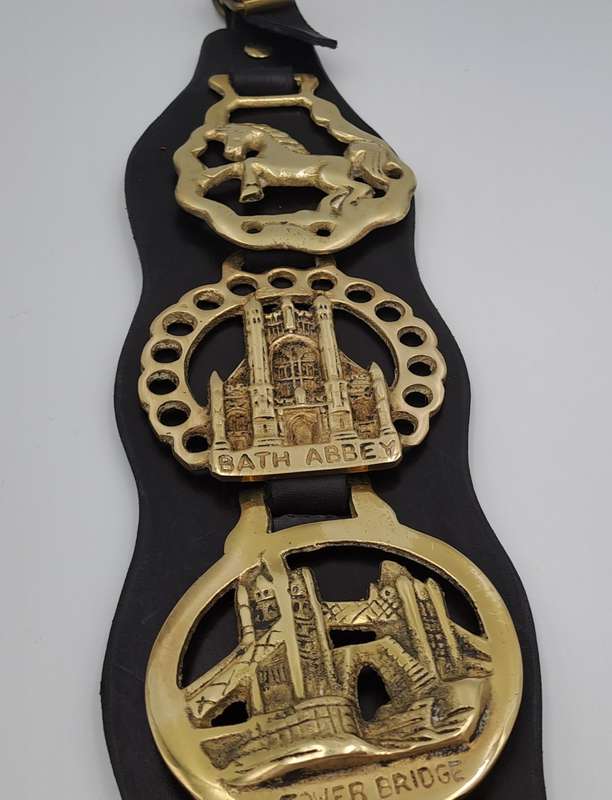 4 Horse Brasses on leather Strap - Tower Bridge ,Bath Abbey,