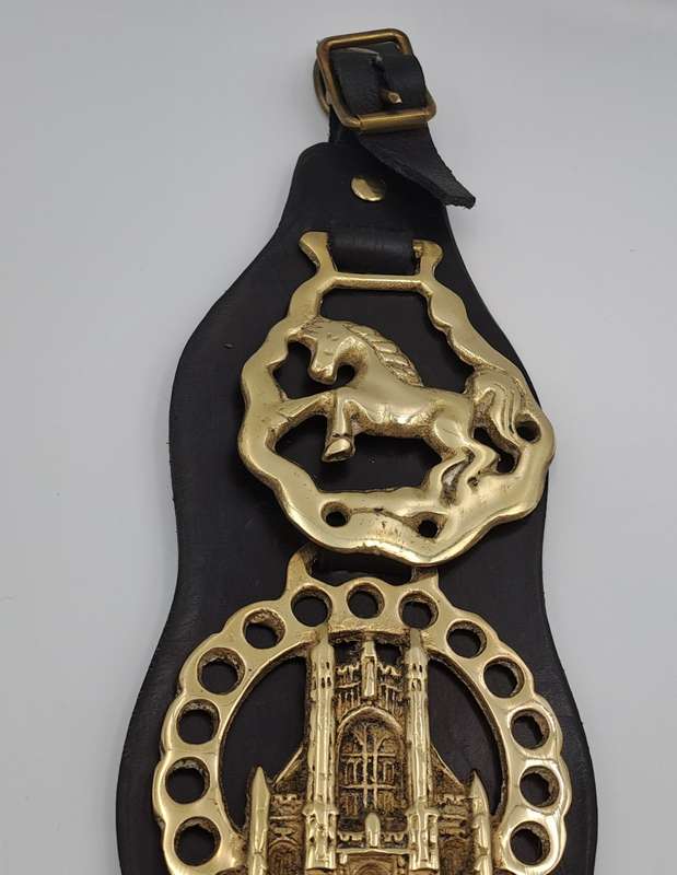 4 Horse Brasses on leather Strap - Tower Bridge ,Bath Abbey,