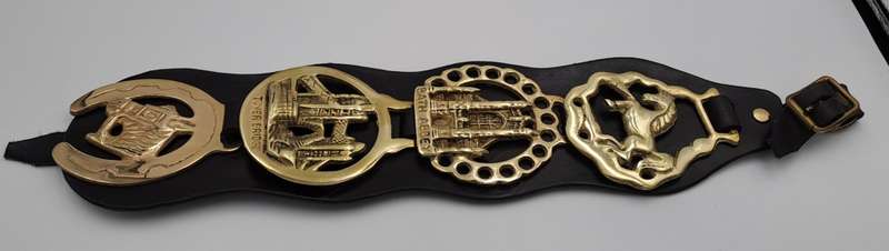 4 Horse Brasses on leather Strap - Tower Bridge ,Bath Abbey,