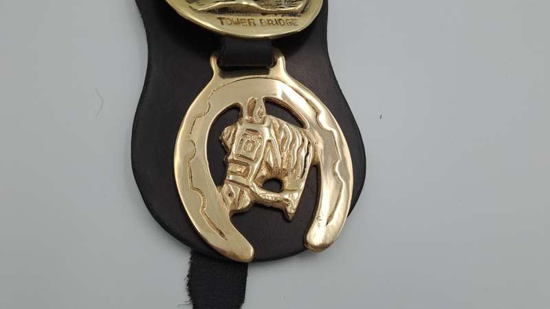 4 Horse Brasses on leather Strap - Tower Bridge ,Bath Abbey,