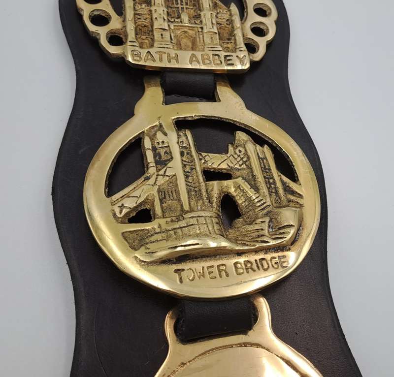 4 Horse Brasses on leather Strap - Tower Bridge ,Bath Abbey,