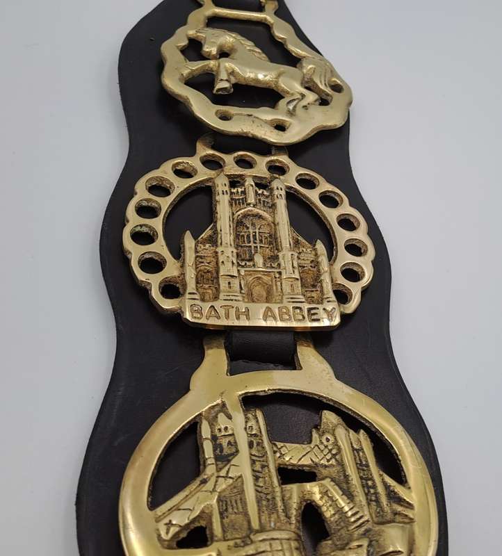 4 Horse Brasses on leather Strap - Tower Bridge ,Bath Abbey,