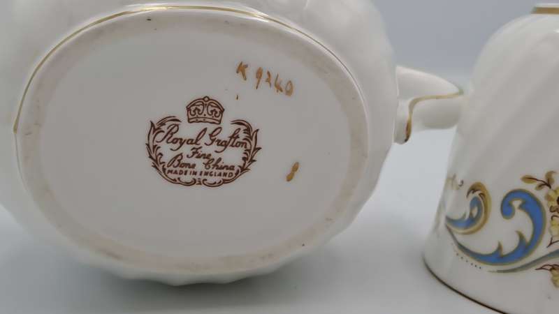 Vintage Royal Grafton MARLBOROUGH Pattern Sugar Bowl and Creamer -Fine Bone China (tiny Chip)